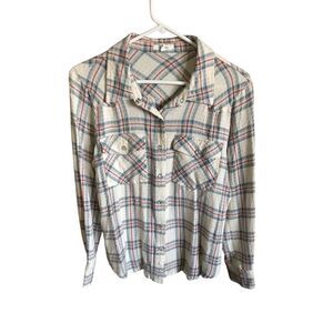 Maurices snap front plaid blouse SZ M long sleeve textured off white blue